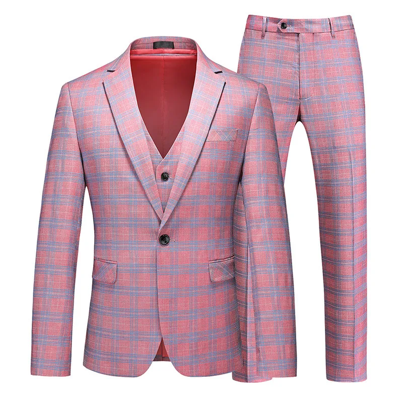 Europe, America, Spring and Autumn New Men's Fashion Suit Three-piece Korean Version of Slim-Cultivating High Sense Plaid Suit