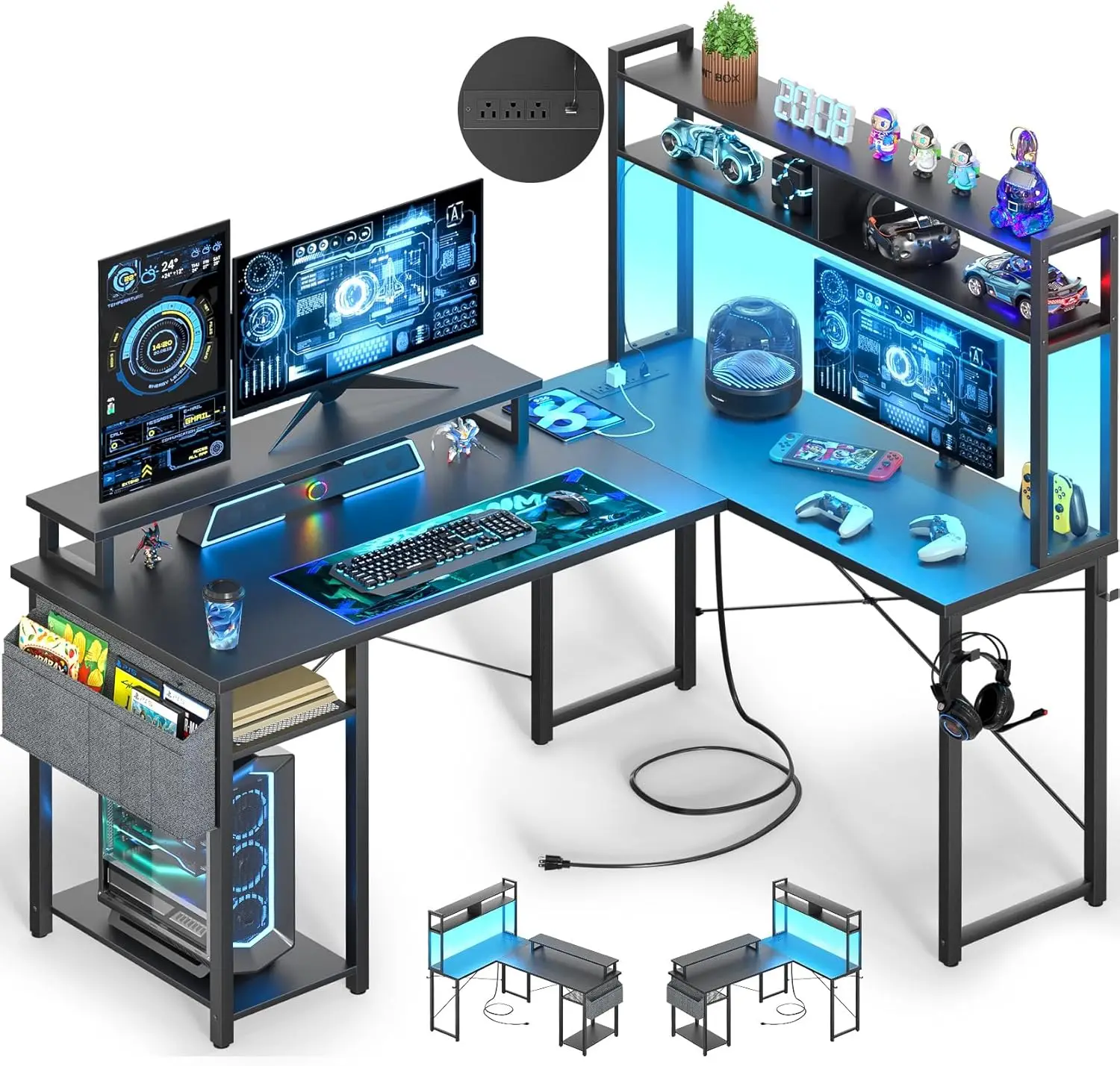 

Small L Shaped Desk Gaming Desk with Power Outlets, 48" Reversible L Shaped LED Computer Desk with Monitor Stand & Storage Shelf