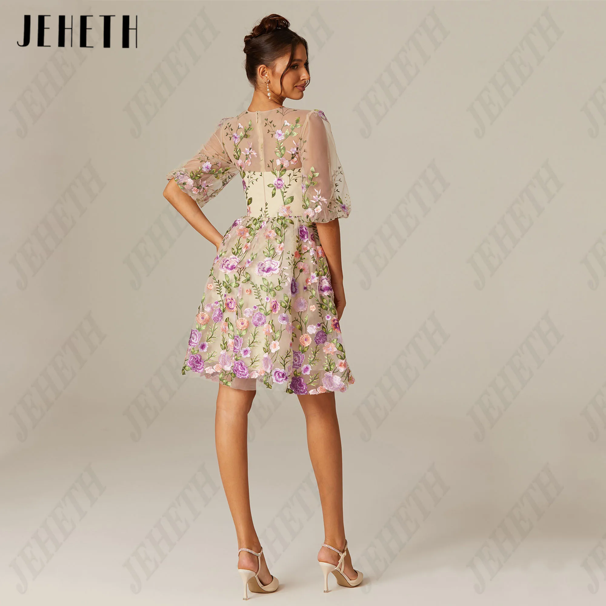 JEHETH Short Prom Dress O-Neck Floral Print A-Line Tulle Half Puffy Sleeves Mini Party Gowns Embroidery Vestidos De Festa Custom