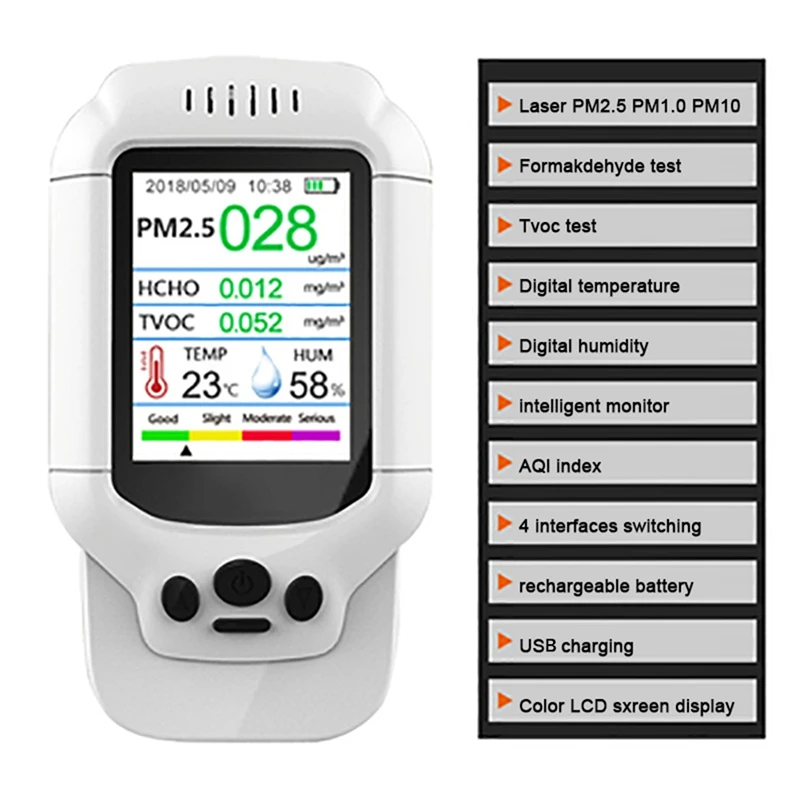 Smart Real-Time Air Quality Monitor Formaldehyde TVOC PM2.5/1.0/10 Temp Humidity AQI Index Detector Portable Air Analyzer Sensor