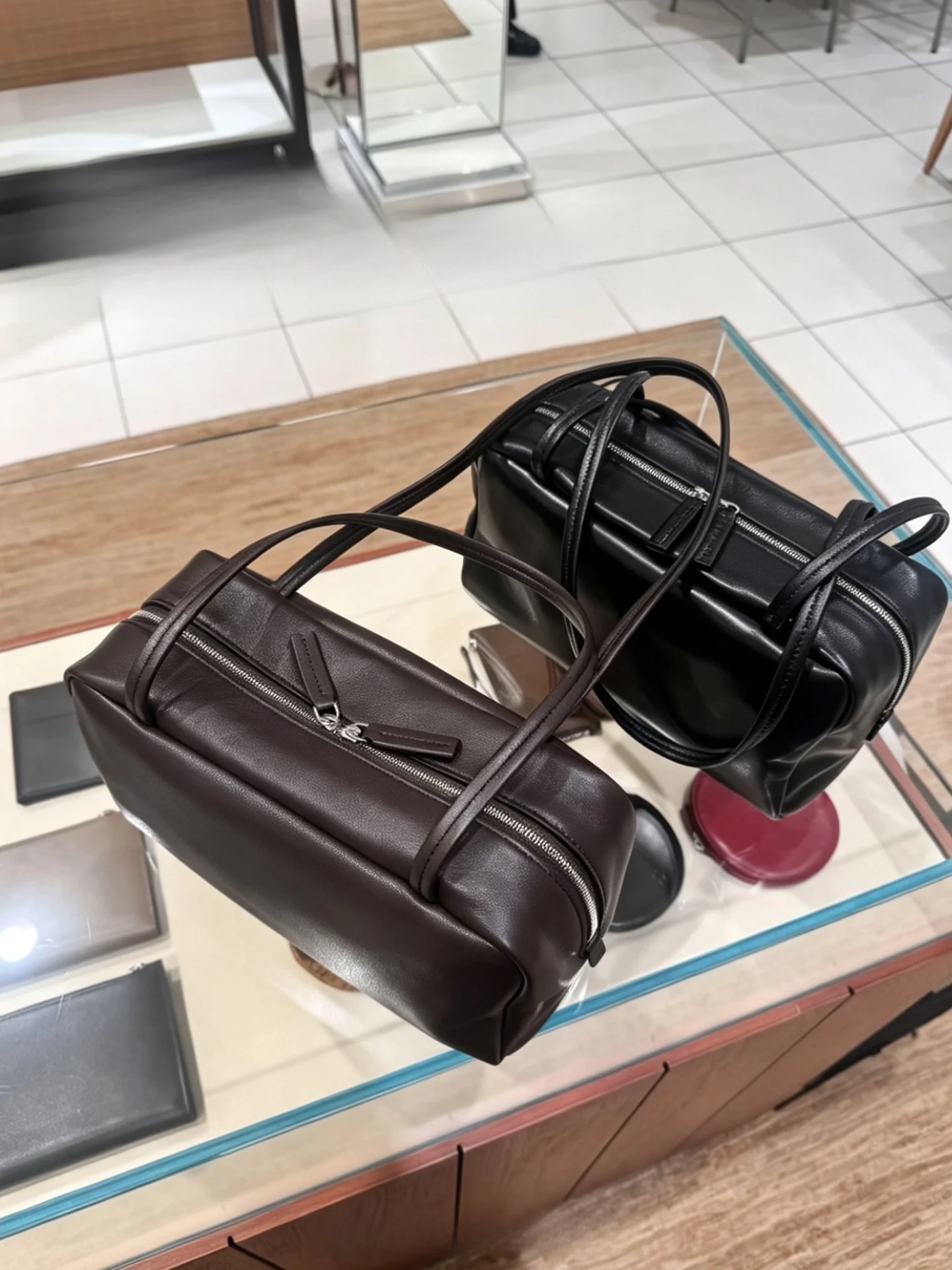  Astra Bowling Bag Water-Dyed Leather Single Shoulder Handbag Underarm Boston Bag Rectangular Shape Lightweight Female Purse