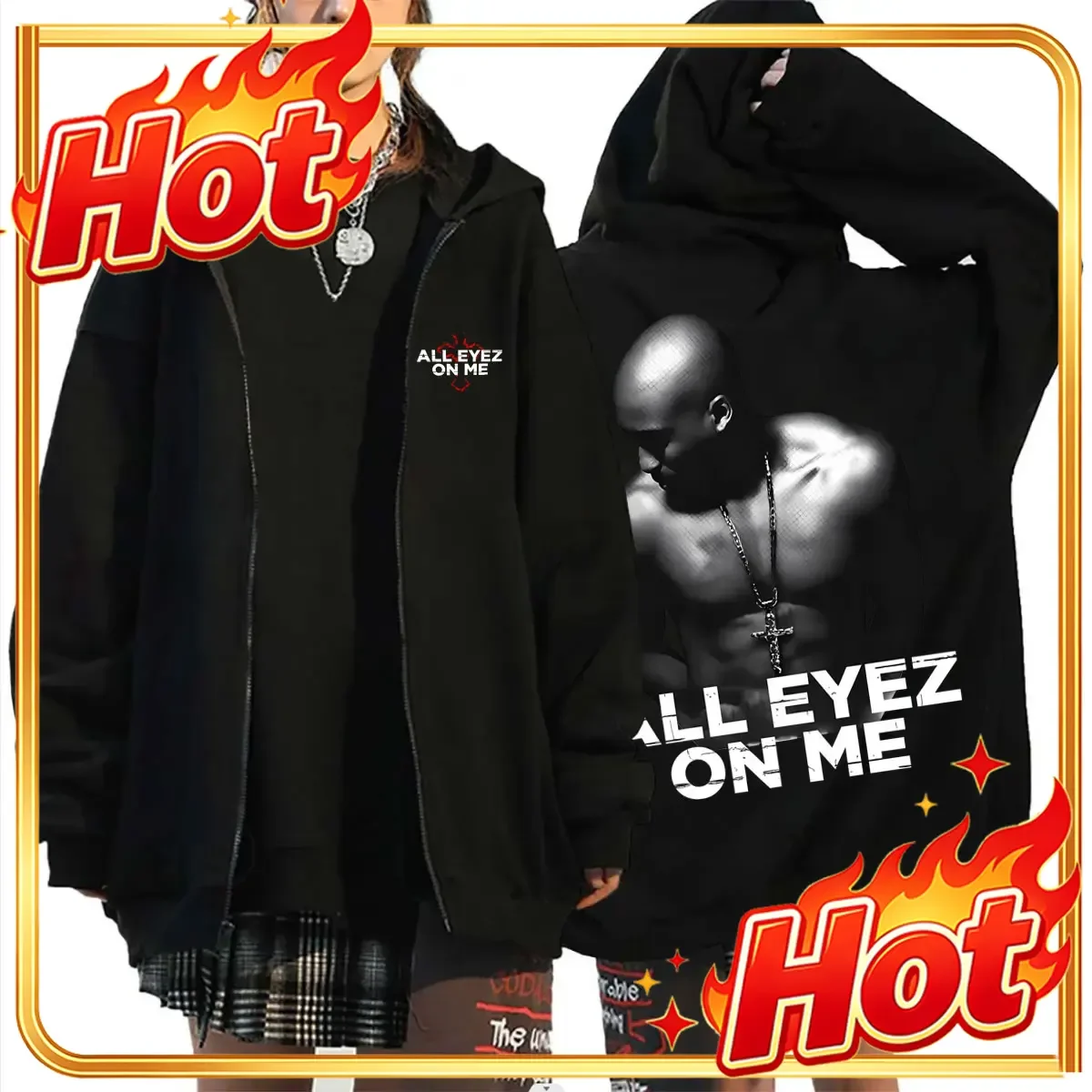 Rapper Tupac 2pac All Eyez on Me Cross Zipper Hoodie Men Women Hip Hop Fashion Zip Up Hoodies Men's Casual Oversized Streetwear