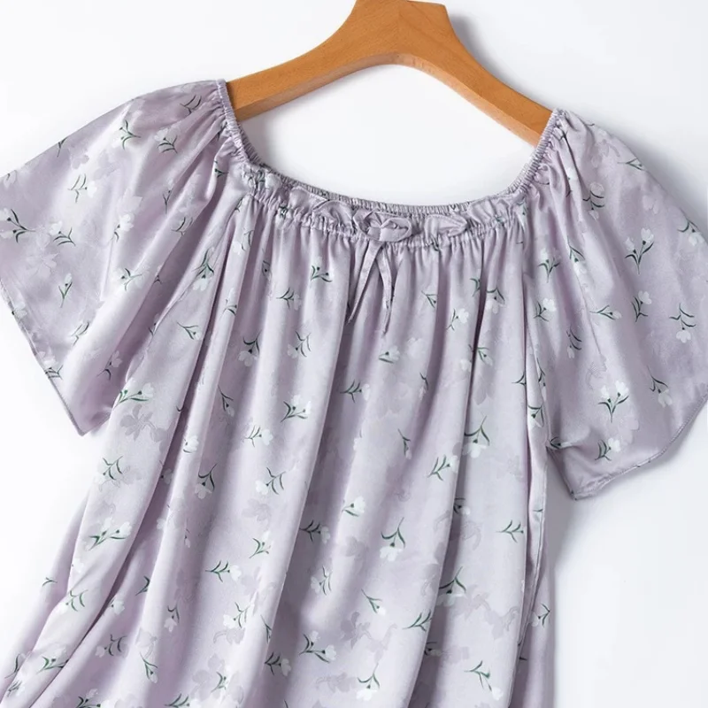 Birdtree, 20MM 100% Real Silk Jacquard Nightgown, O-neck Short Sleeve, Women's Plain Satin Pajama Homewear Dresses D69203JF