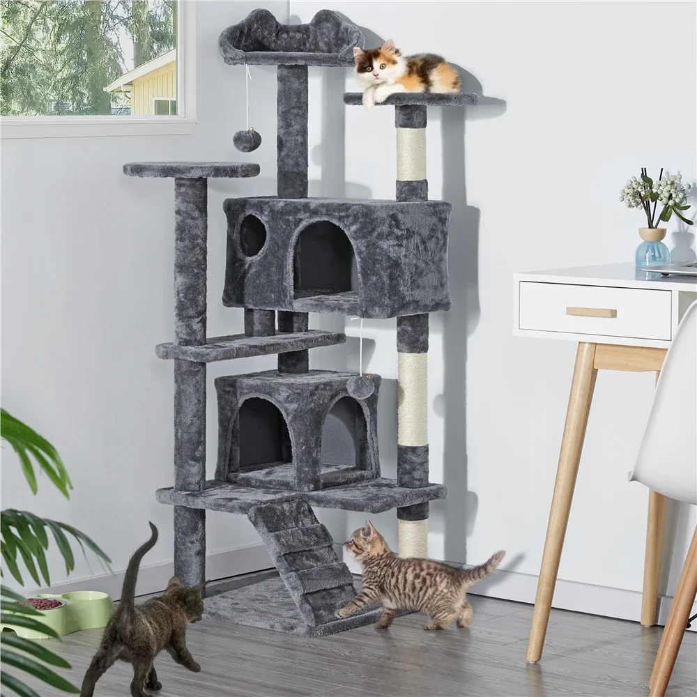 

Cat Tree 54in Cat Tower with 2 Condos & 2 Dangling Balls & 3 Scratching Posts Large Cat House for Kittens & Cats Easy To Clean