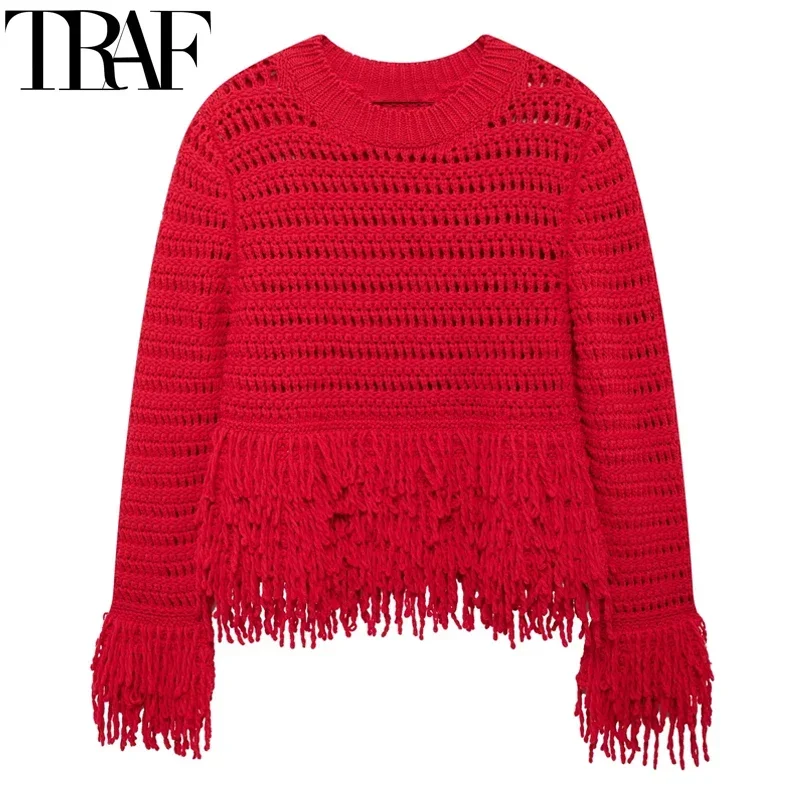 TRAF 2024 Women Tassels Red Knitted Sweater Female Sweater Autumn Winter Long Sleeve Short Sweaters Round Neck Cut Out Knitwears