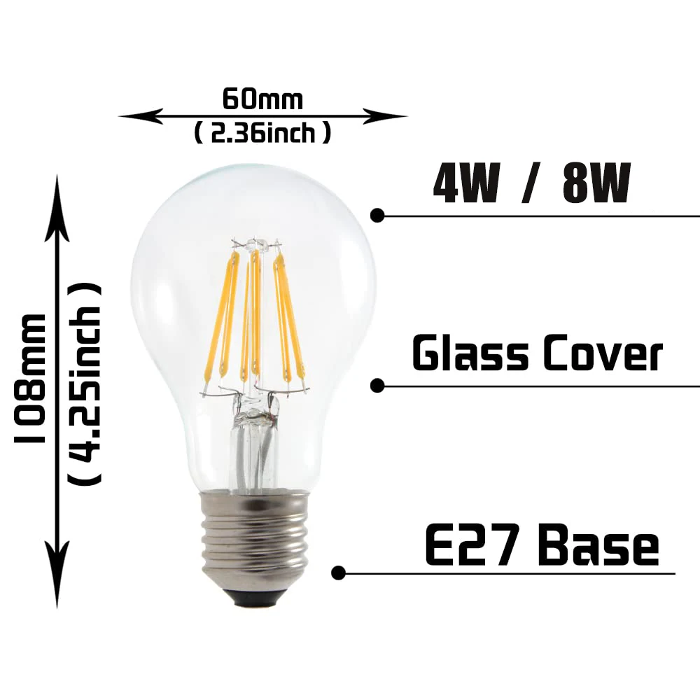 Imagem -02 - Edison Led Bulbo de Filamento Vidro Transparente Lâmpadas Brancas Naturais Mesa de Sala de Estar Interior 220v 4w 8w A60 4500k E27 A19