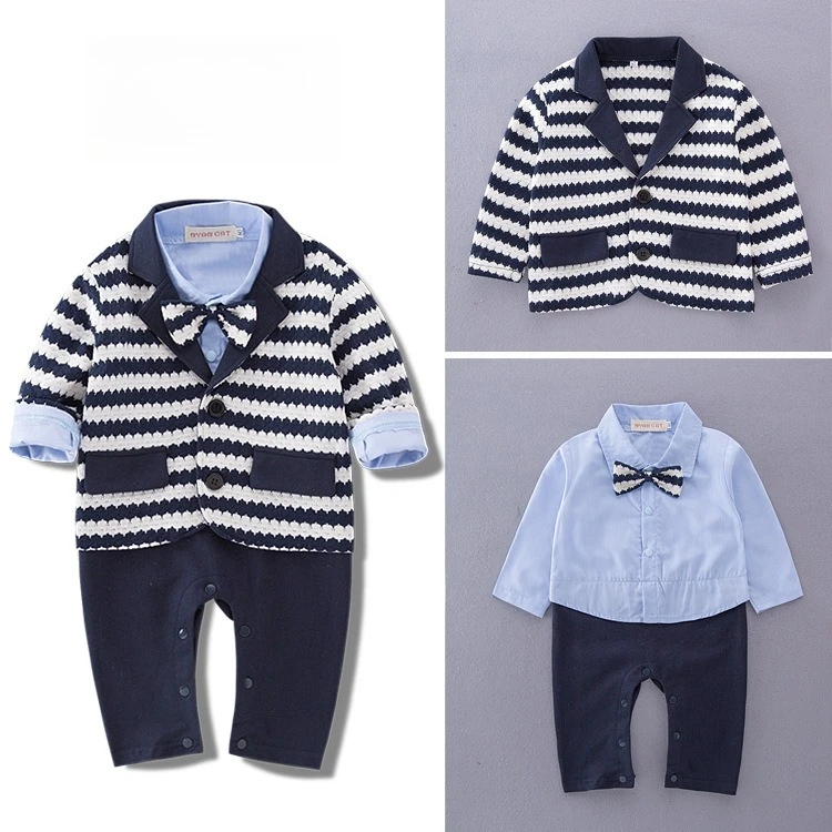 Toddler Gentle Outfit Spring Autumn Striped Blazer Long Sleeve Shirt Bowtie Romper Baby Boys Formal Suit Wedding Party Clothing