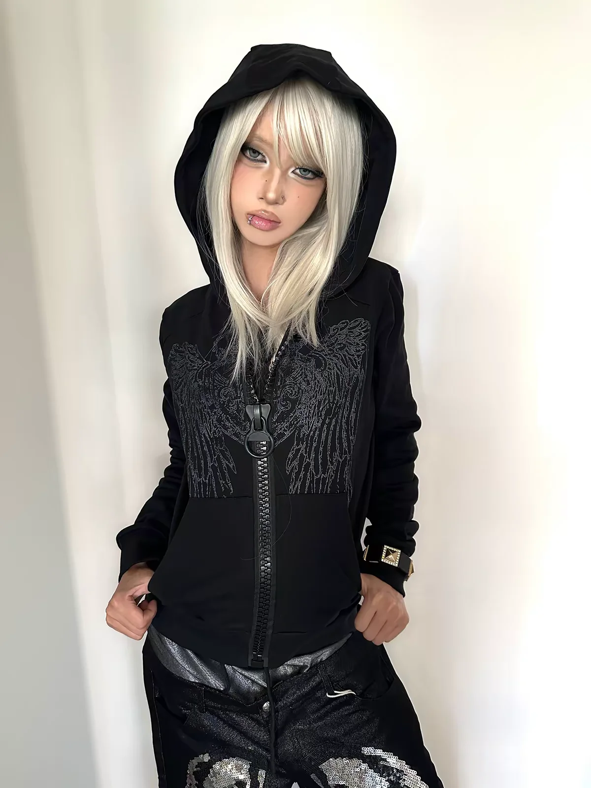 Y2K Streetwear Zip Up Hoodie Women Slim Fit Wing Graphic Print Front Pocket Big Zipper Straight Shoulder Casual Daily Outfit