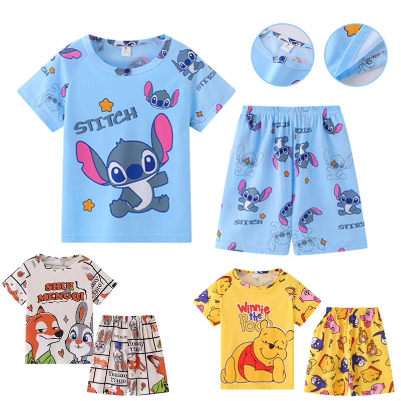 Disney Lilo & Stitch Summer Children\'s Cartoon Clothing Set Stitch Short Sleeve Shorts Sleepwear Baby Boys Girls Pajamas Set New