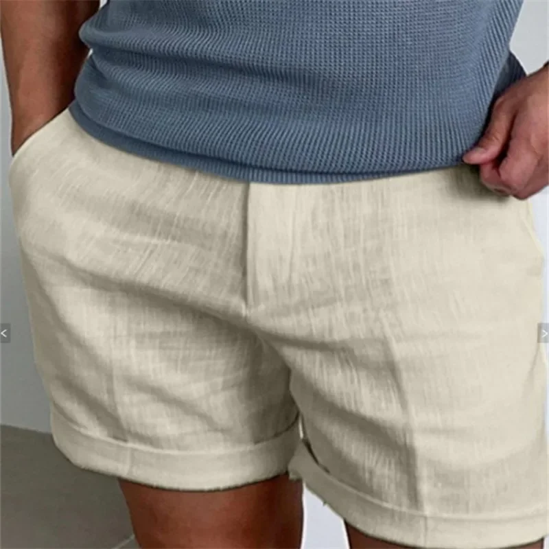 Heren Casual Shorts Linnen Diagonale Zak Effen Kleur Comfortabele Ademende Outdoor Shorts Voor Heren