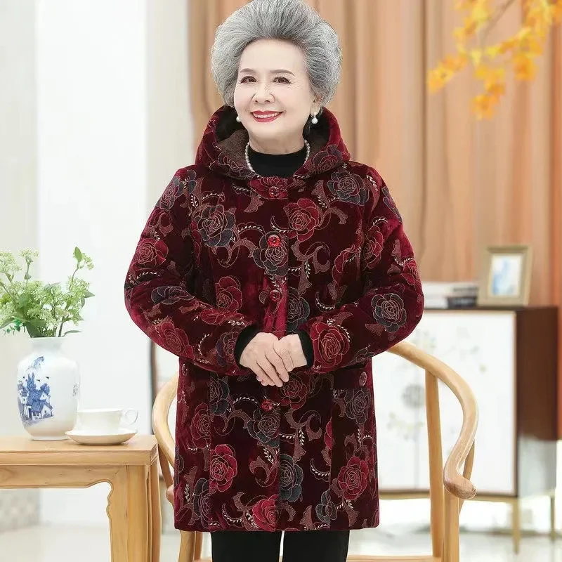 Women Cotton-Padded Coat Middle-Aged Elderly Mother Winter Clothes Women Parkas Velvet Thick Warm Quilted Jacket Outerwear 5XL