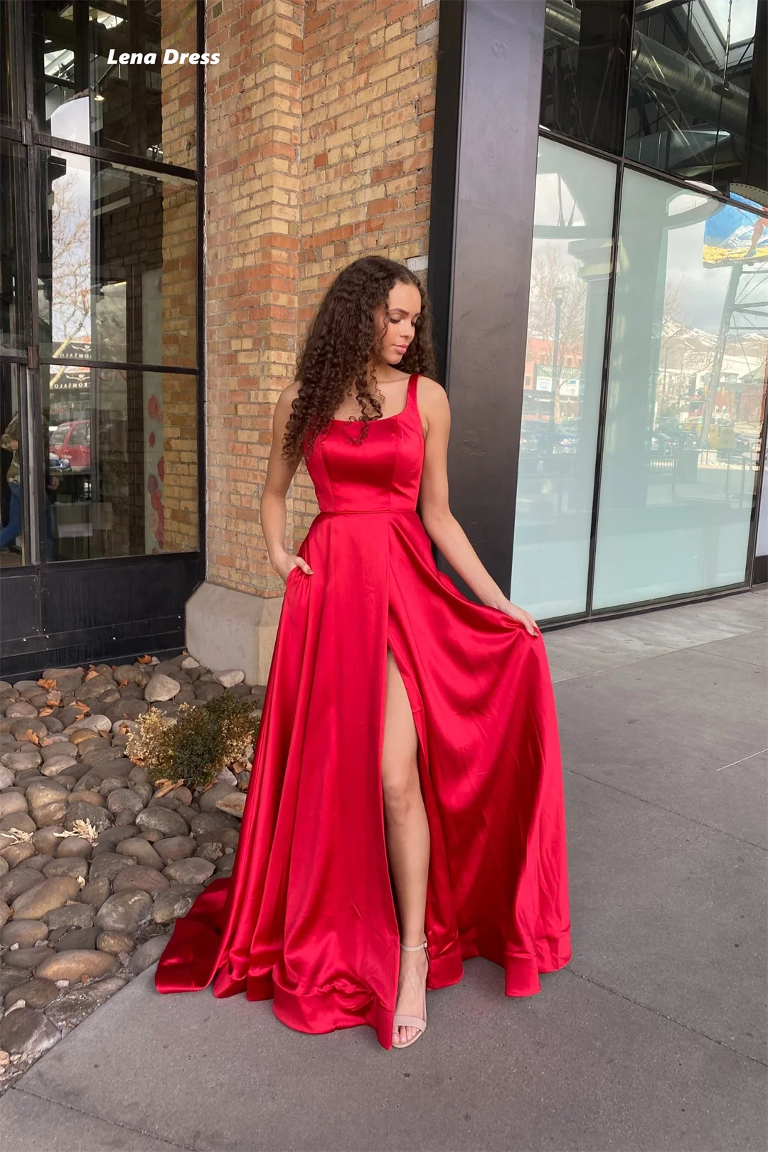 Lena Square Collar Elegant Evening Dress Woman Satin Luxurious Women's Evening Dresses for Weddings Line A Red Side Slit Party