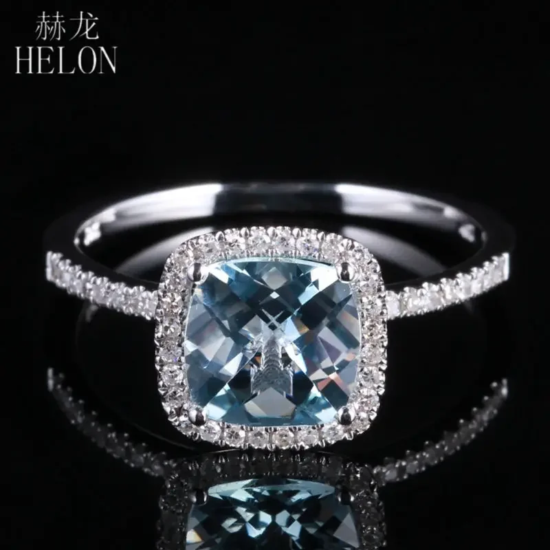 

HELON Solid 14K White Gold Flawless Cushion 1.2ct Genuine Aquamarine & Diamonds Engagement Ring Women Anniversary Fine Jewelry