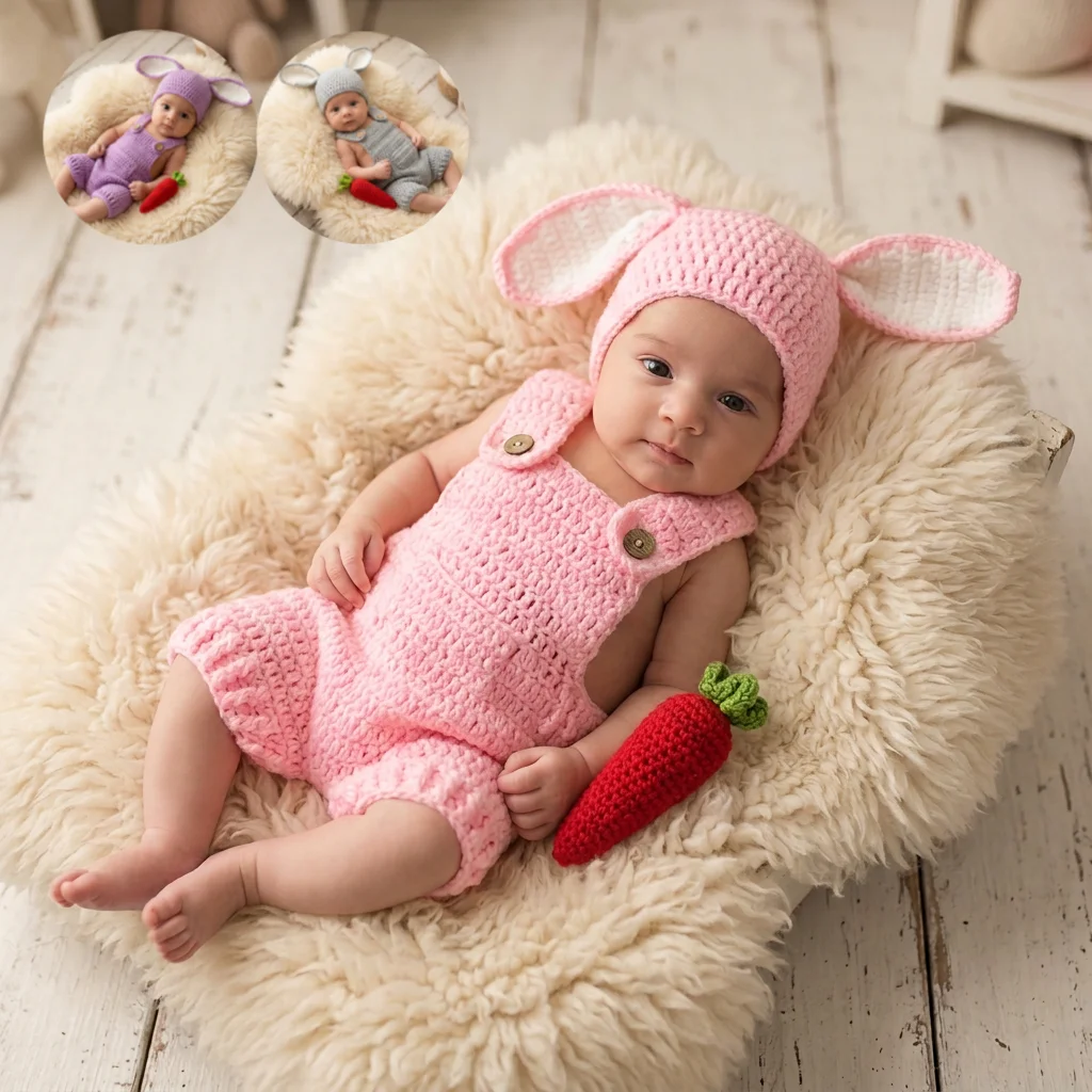 

Мягкий вязаный комплект одежды для новорожденных мальчиков и девочек с кроликом для первой фотосессии: милый комбинезон-зайчик, шапочка, реквизит в виде моркови, подарки для младенцев на выписку/на рождение ребенка