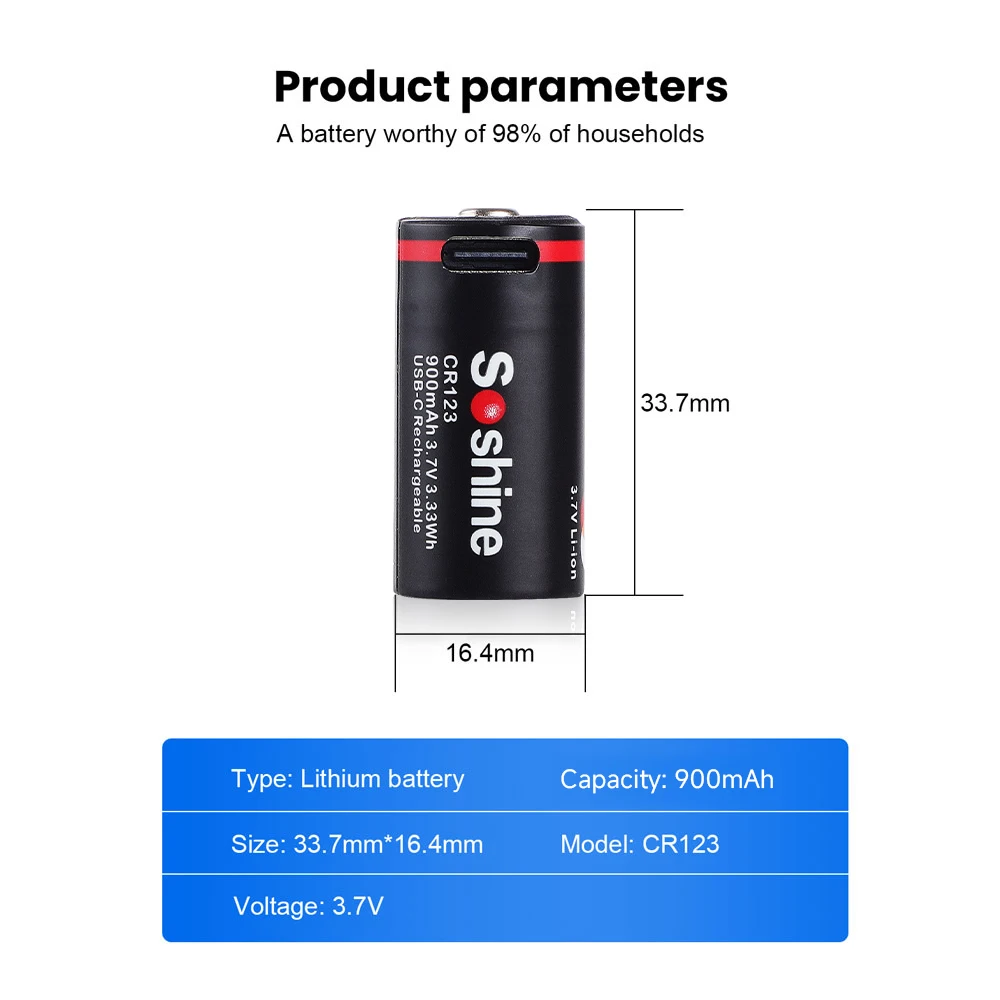 Soshine USB 3.7V Li-ion Battery 900mAh CR123 Lithium Battery 16340 Rechargeable Battery for Night Vision Smoke Alarm Flashlight - view 3