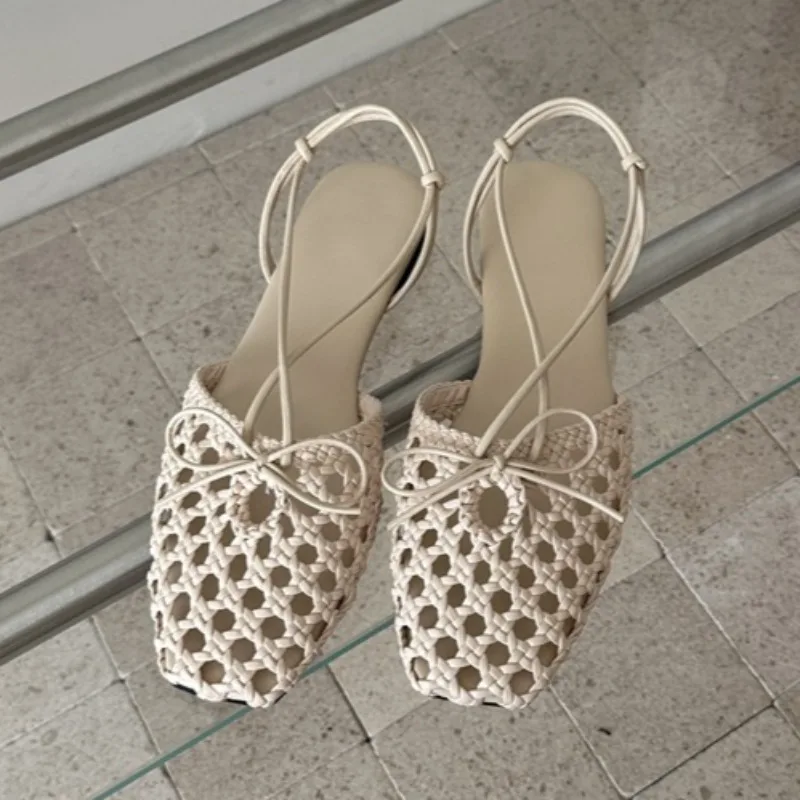 Aneikeh Summer Beach Woven Hollow Slingback Flats Bow Knot Square Toe Sandals Thin Ankle Strap Slip on Casual Ladies Dress Shoes