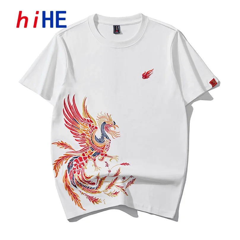 

Heavy Embroidery Phoenix Short-Sleeved T Shirt Men Crew Neck National Tide T-Shirt Half-Sleeved Summer Chinese Style