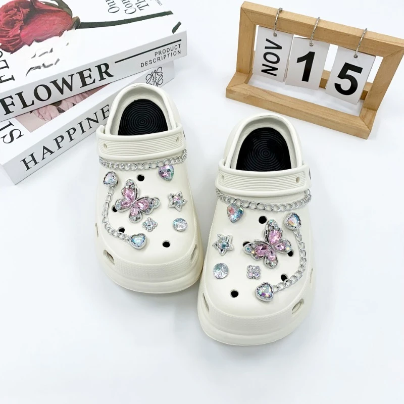 14 шт., модные подвески для обуви, набор аксессуаров, пряжка для обуви с отверстиями, розовый бриллиант, бабочка, сердце, бриллиантовая цепочка, сделай сам, 3D украшения для обуви