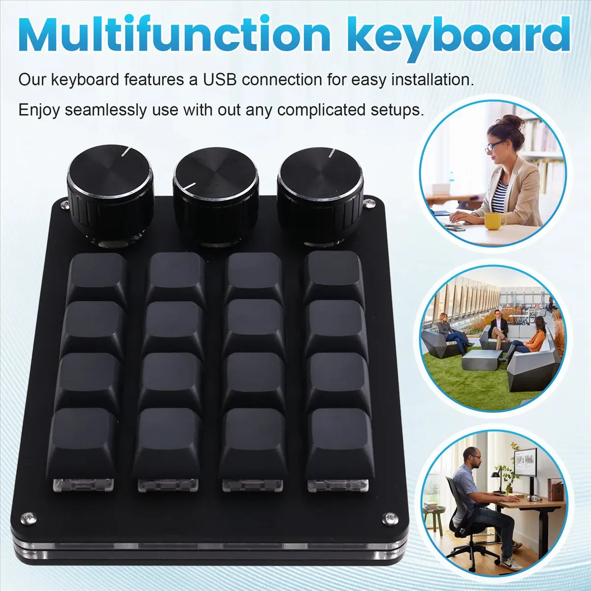 Three-Knob 16-Key, 4-Row Shortcut Gaming and Stock Volume Design Clip Macro-Programmable Mechanical Keyboard