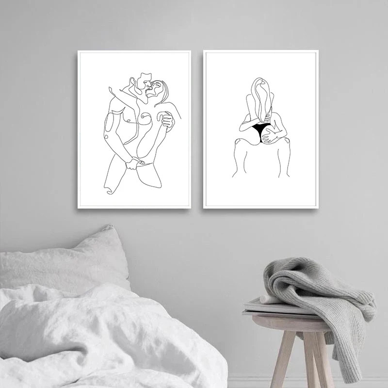 Couple Love Line Art Hugging Kiss Print Posters Abstract Minimalist Nordic Canvas Painting Wall Pictures for Bedroom Home Decor