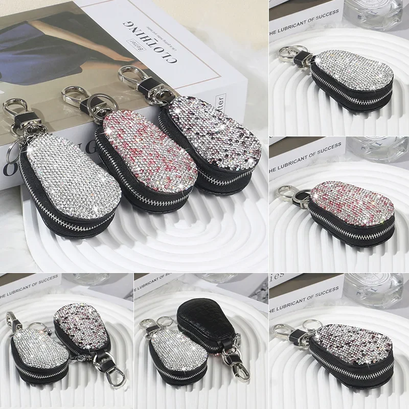 Rhinestone Crystal Clay Car Key Chain Case Premium Leather Coin Holder Zipper Case Remote Wallet Bag Auto Decor Car Accessories