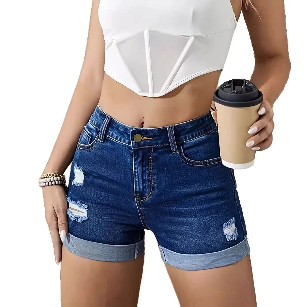 2026 Women High Rise Elastic Ripped Roll Hem Denim Hot Shorts European Style All-match Daily Summer Ins Popular Casual Bottoms view 5