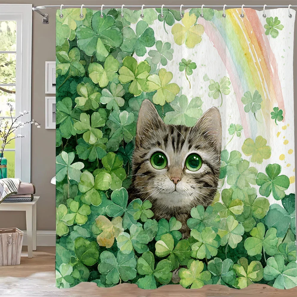 Cartoon Cute Lucky Grass Cat Shower Curtain, Bathroom Decorative Shower Curtain, Printed Polyester Home Curtain with Hooks