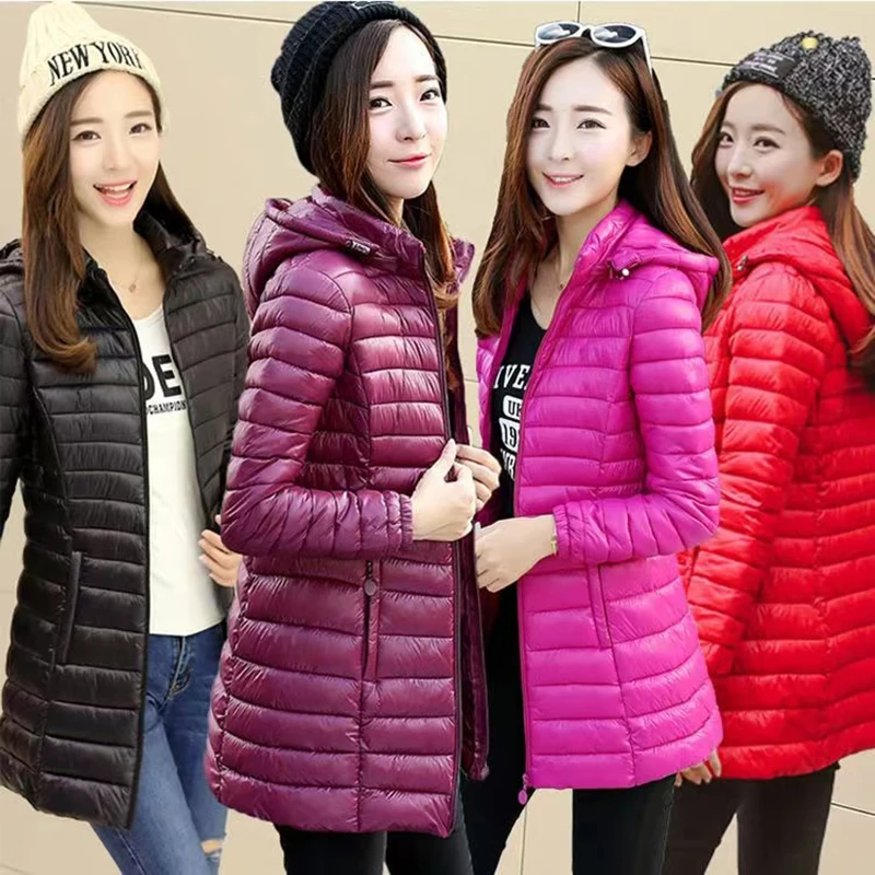 

NewAutumn Lightweight Down Cotton Jacket Women's Coat Solid Hooded Overcoat Mid Long Puffer Coats Casual Tops JJ634