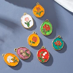 10PCS Charm Flower Card Alloy Enamel Pendant Double Texture Tulip Rose Colorful DIY Necklace Bracelet Earring Keychain Accessory