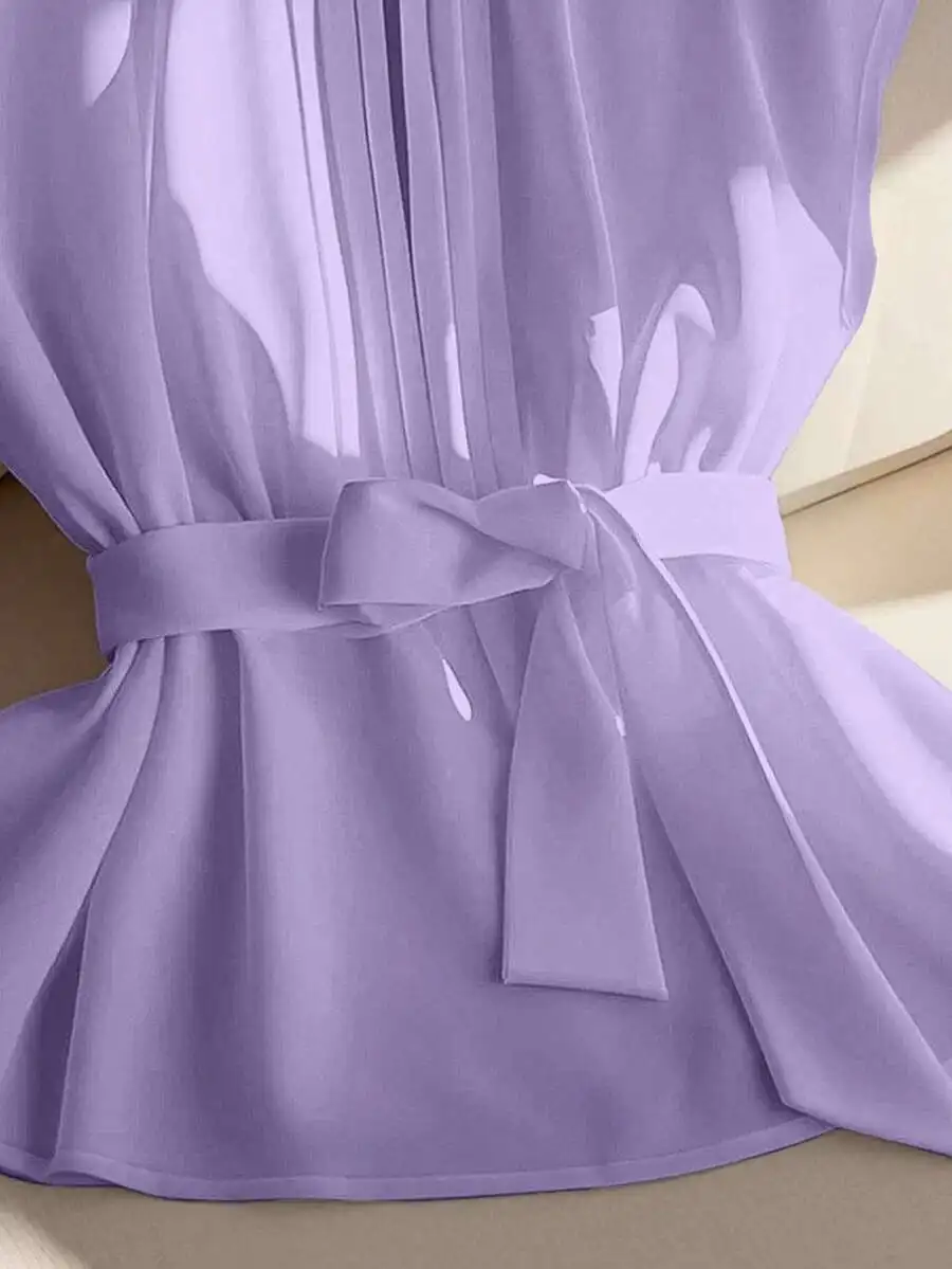 

Plus Size Women Casual Chinese Style Blouse With Sash Belt Loose Lightweight Spring Summer
