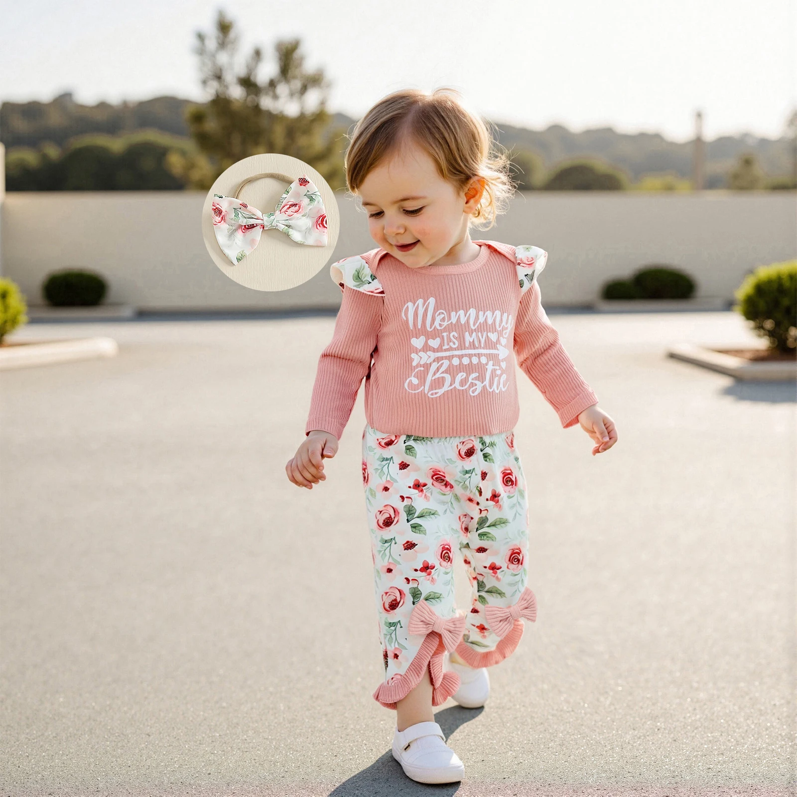 

Одежда для малышей, комплект из 3 предметов для девочек, комбинезон с длинными рукавами и буквенным принтом для новорожденных, расклешенные брюки с цветочным принтом, комплекты с повязкой на голову