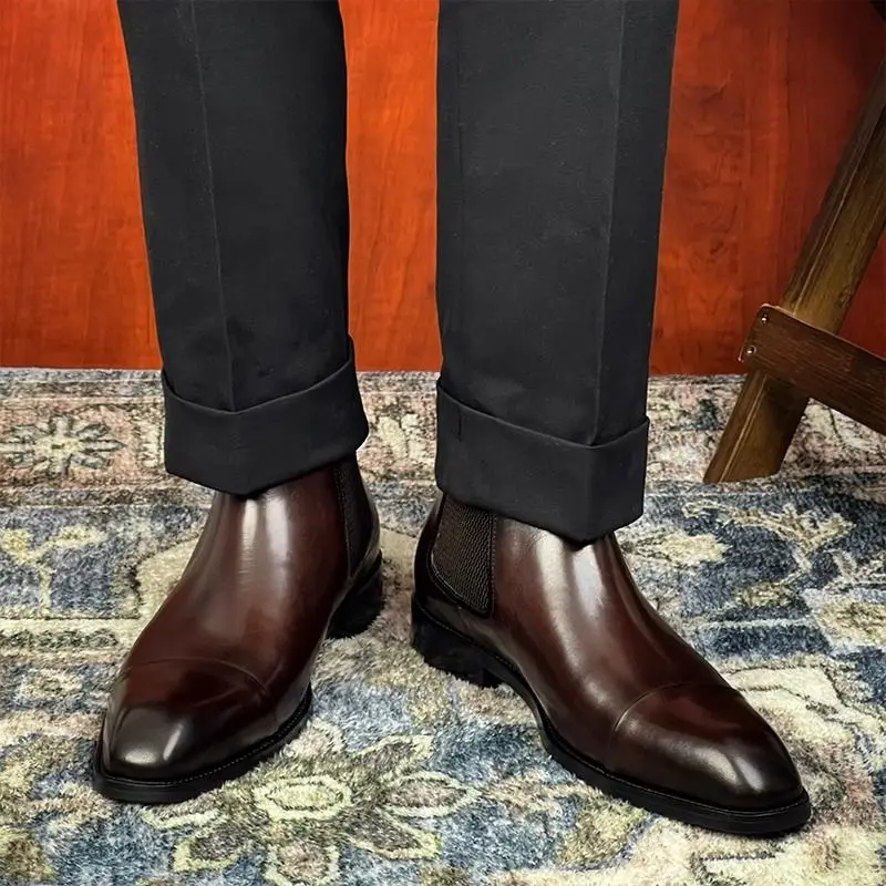 

Зимние мужские ботинки челси с флисовой подкладкой, высокие, с острым носком, на толстой подошве, увеличивающие рост, в стиле ретро