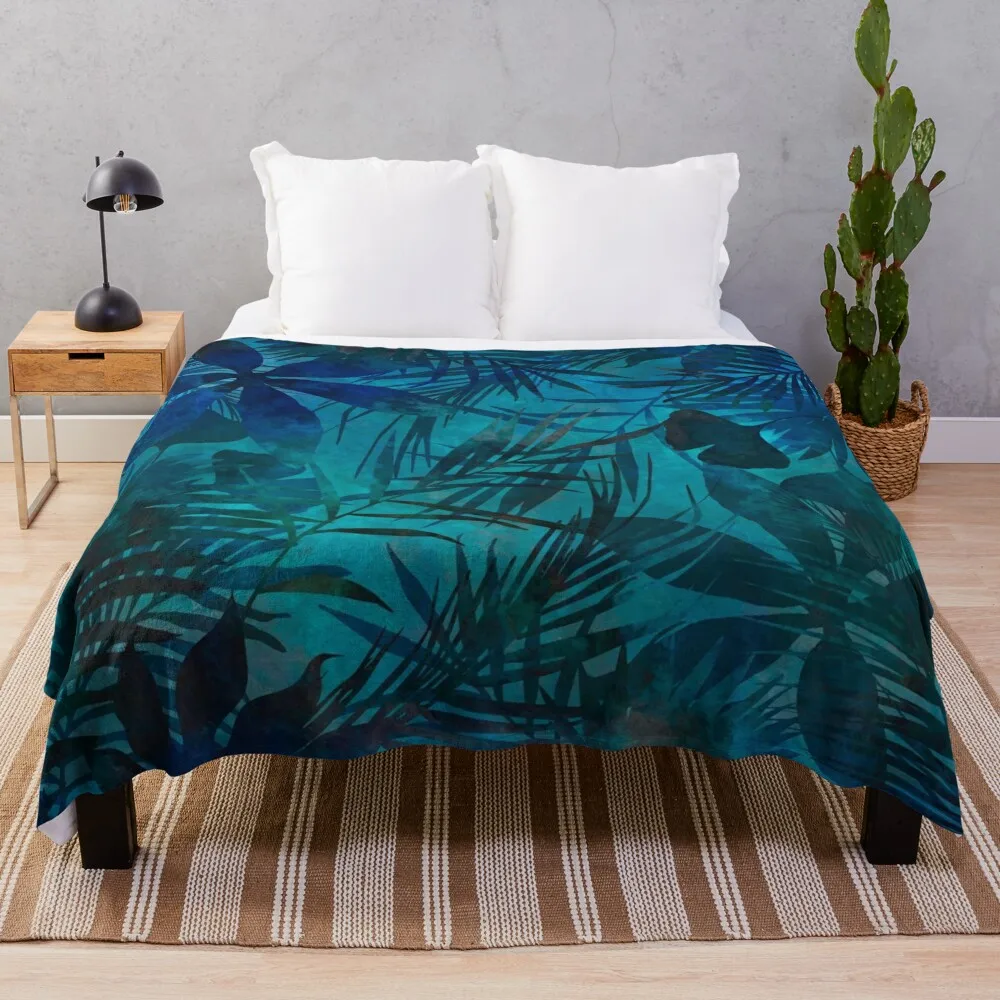 

Teal Blue Watercolor Tropical Jungle Painting Throw Blanket Fluffy Shaggy warm winter Blankets