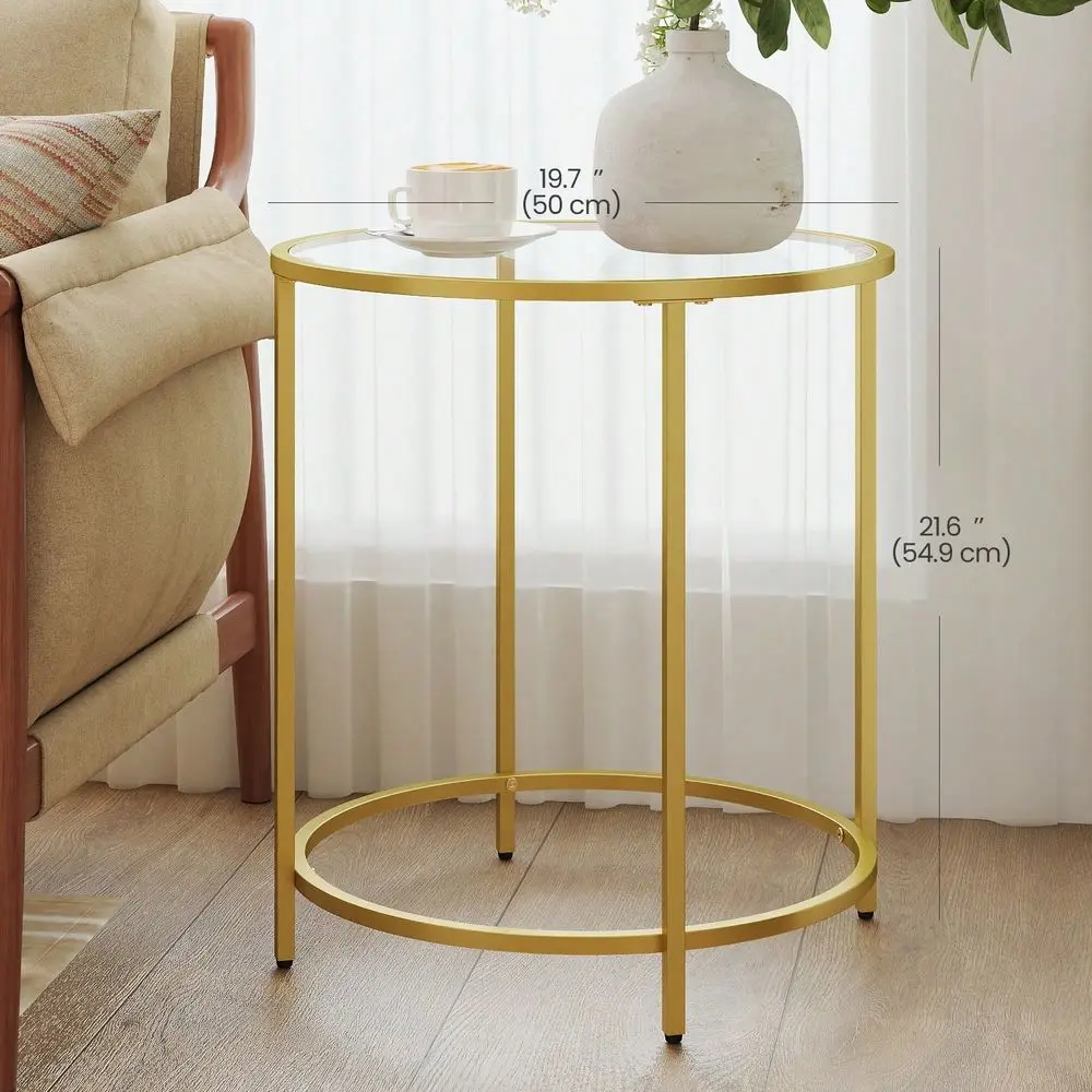 Round Side Table, Glass End Table With Metal Frame, Gold Coffee Table With Modern Style, For Living Room, Balcony, Bedroom