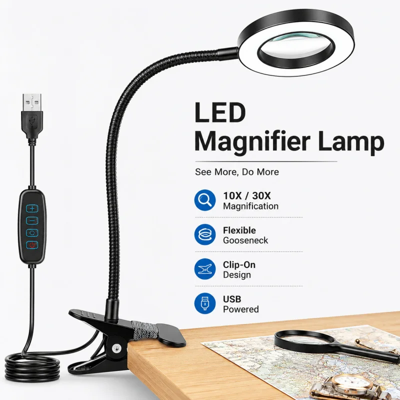 10X 30X Magnifier with Light 5 Color Modes Stepless Dimming LED Flexible Gooseneck Stand for Crafts Work