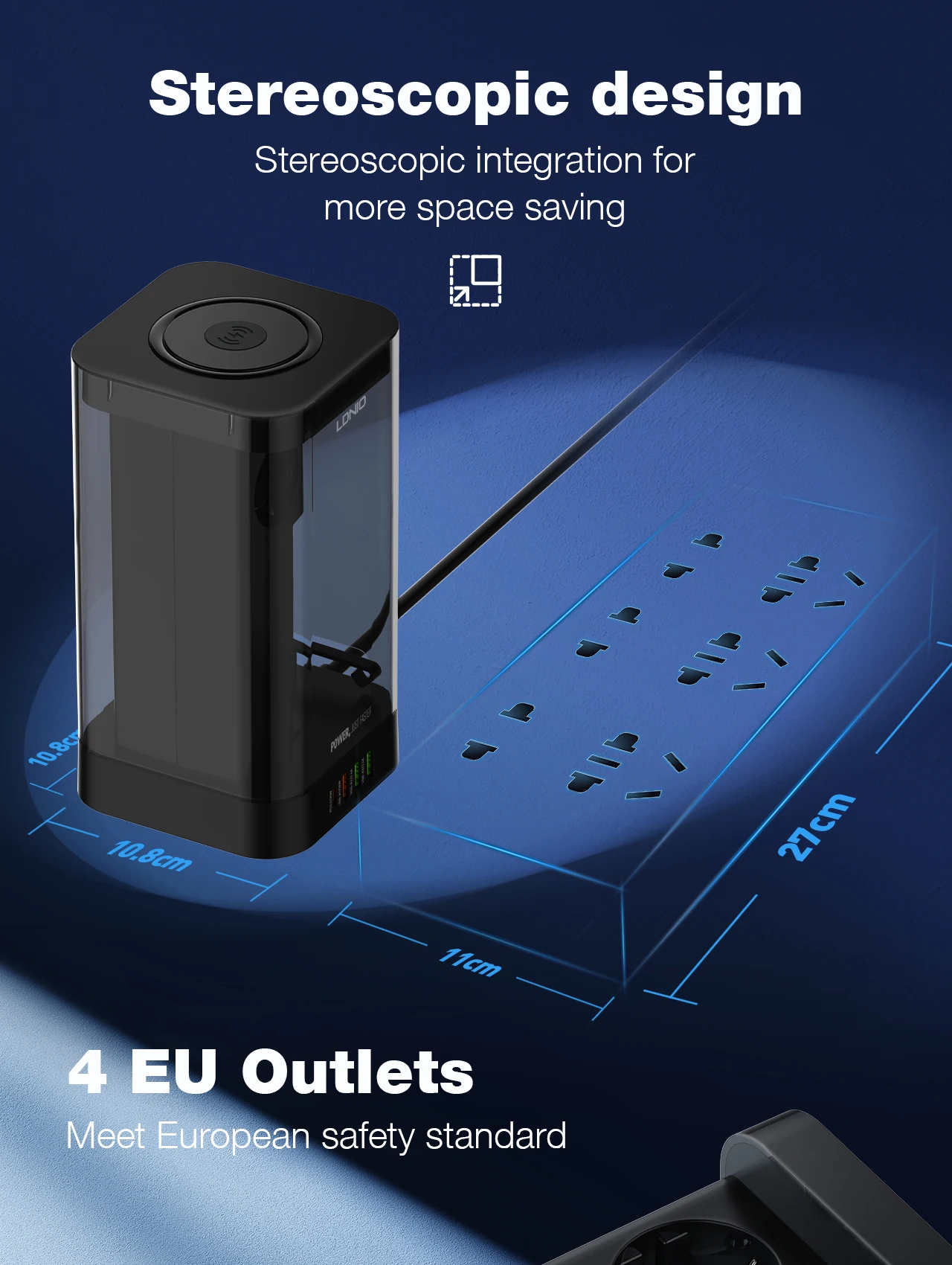 Tower Multi Power Strip Vertical EU Plug Multiple Vertical Power 4 Outlets Sockets with Lid Type-C USB A Wireless Charging LDNIO