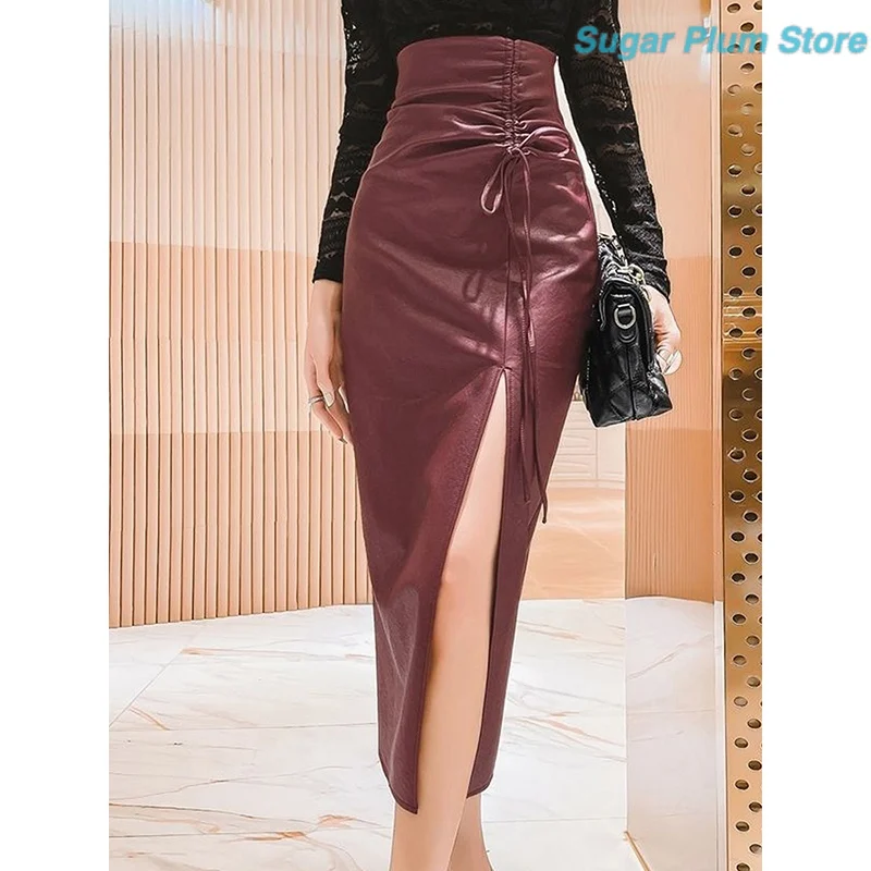 Royal Elder Sister Wind Girl Autumn New High-pocket Hip Split Drawstring Lacing Slim Cover Meat Abdomen Fashion Casual Skirt.