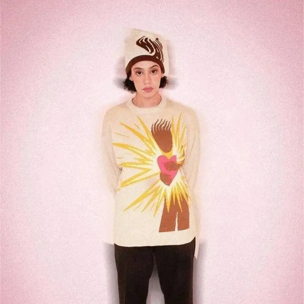 Y2K Abstract Character Heart Explosion Knit Pullover Men Women White Loose Fit Crew Neck Sweater Art Graphic Streetwear Knitted