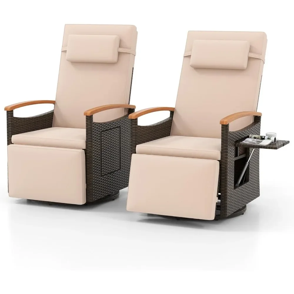 

Outdoor Swivel Rattan Recliner Chairs Set of 2, Flip Side Table & Cushions for Outside, 360° Patio Wicker Chaise Lounge Chair