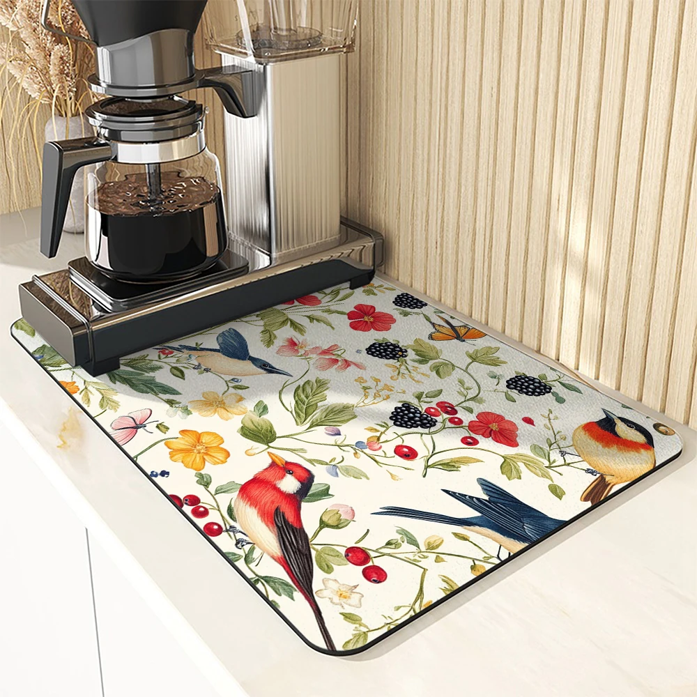 Large Kitchen Absorbent Mat Plants Flowers Antiskid Draining Coffee Dish Drying Mat Quick  Bathroom Drain Pad Tableware Mat