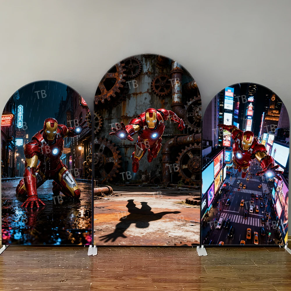 

Iron Man Arch Backdrop Cover Rainy Night Street Gear Busy City Scene for Boys Birthday Party Superhero Theme Photo Booth