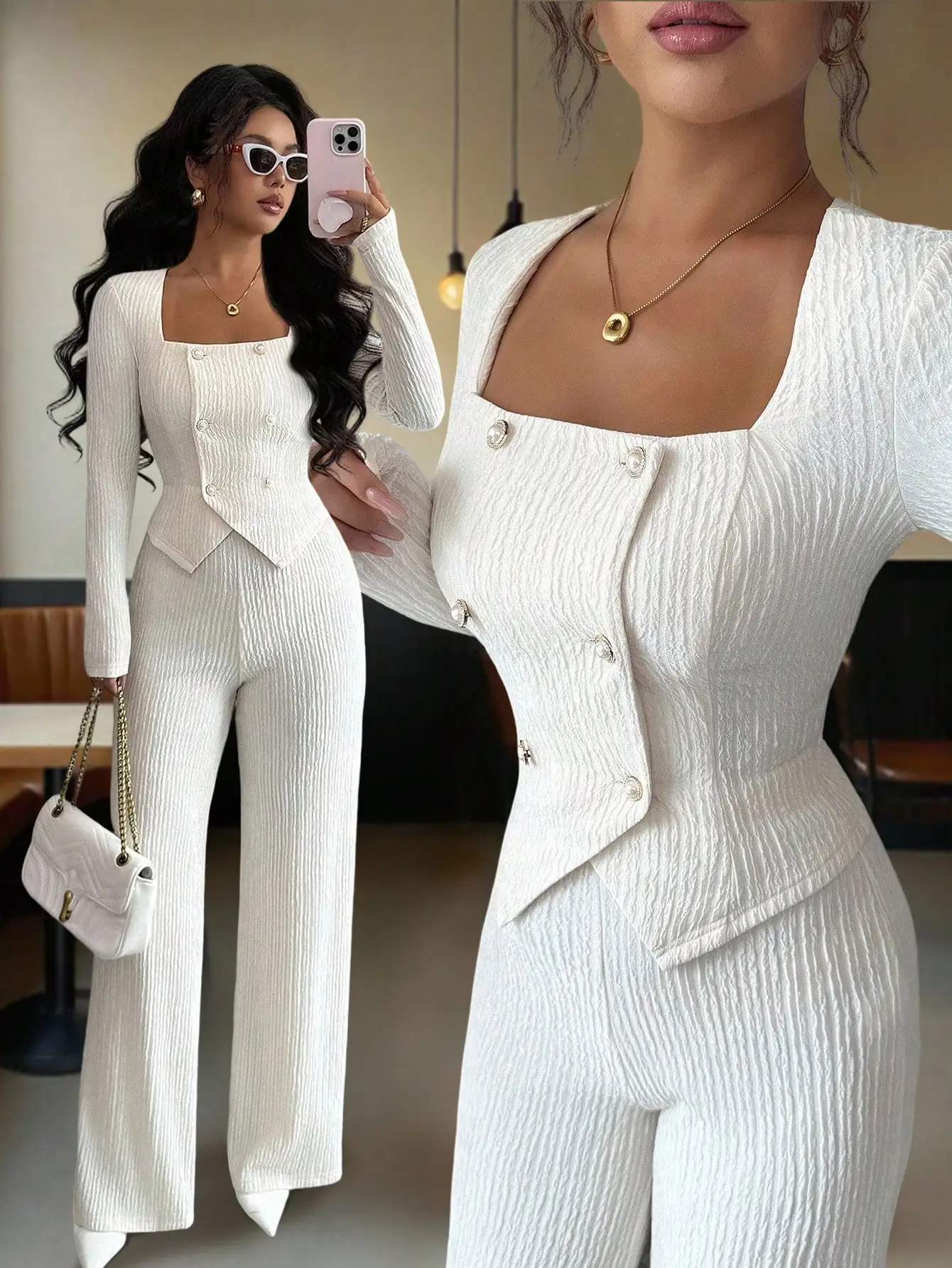 White Textured 2-Piece Set: Long Sleeve Double-Breasted Blazer & High Waist Wide Leg Pants for Elegant Commute or Date