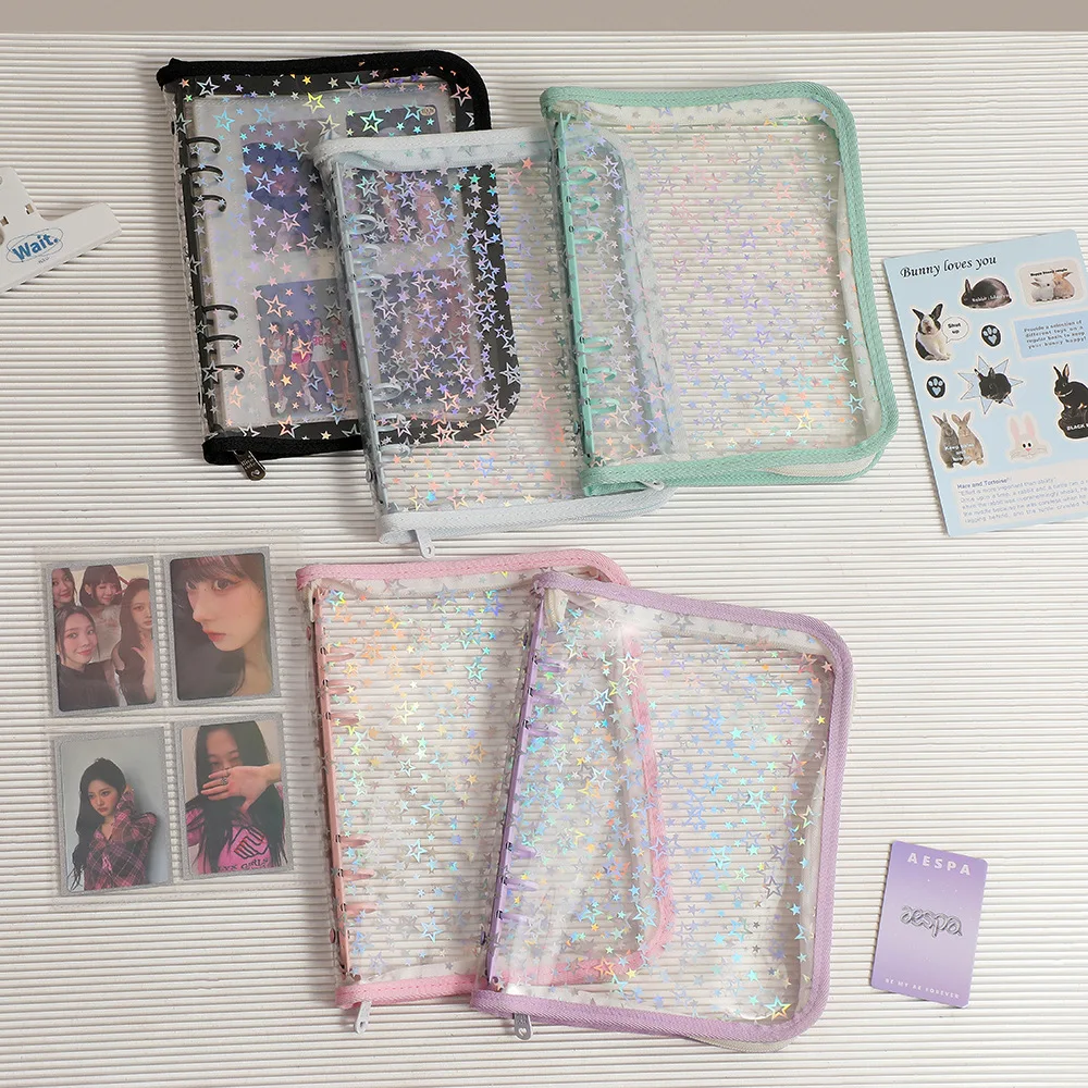 A5 Laser Star Zipper Binder Photo Card Collection Book Postcard Organizer Diary Notebook School Stationery