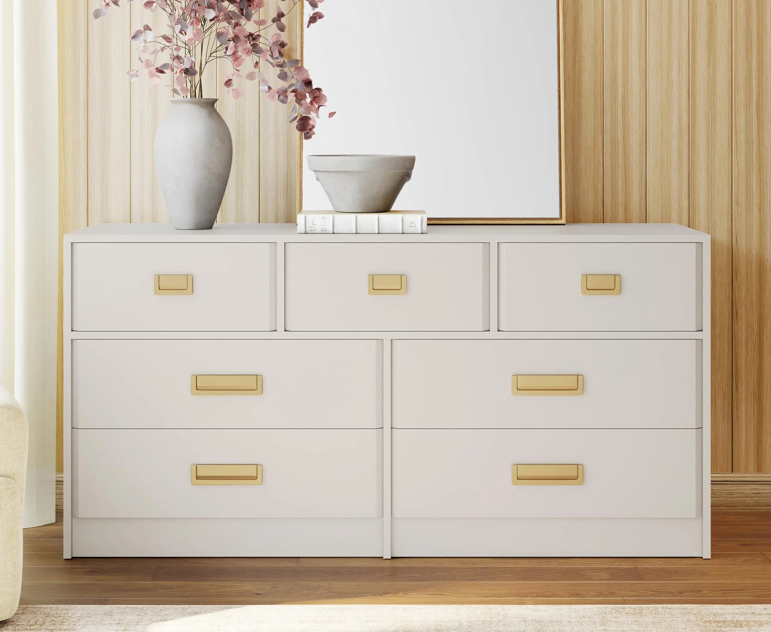 GAOMON 7 Drawer Dresser for Bedroom, Wide Horizontal Chest of Drawers with Chamfered Edge & Metal Handles, Modern MDF Storage Cabinet for Living Room, Hallway – White/GAOMON