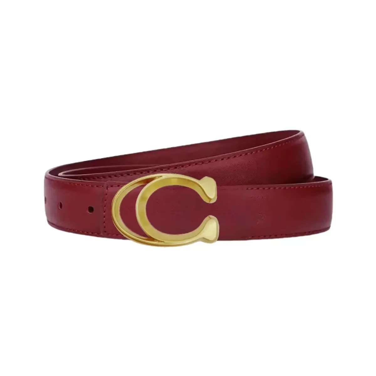 Women's  Belt with Gold Double C - Shaped Buckle, Slim Casual Waist Strap for Jeans Dresses Skirts, Black & Wine Red