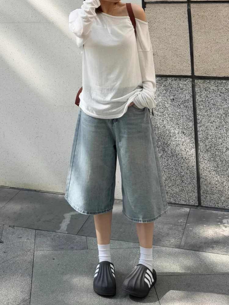 

American High Street Light Wash Wide Leg Mid-Length Jeans Women's Summer High Waist plus Size Slimming Loose Straight Short J...