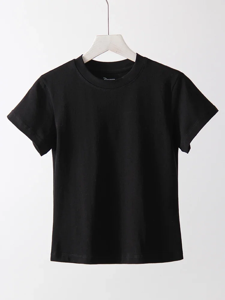 

Basic Short T Shirts For Women Summer O Neck Slim Cotton Top Tees Streetwear Short Sleeve White Elastic Women's T-shirt Black