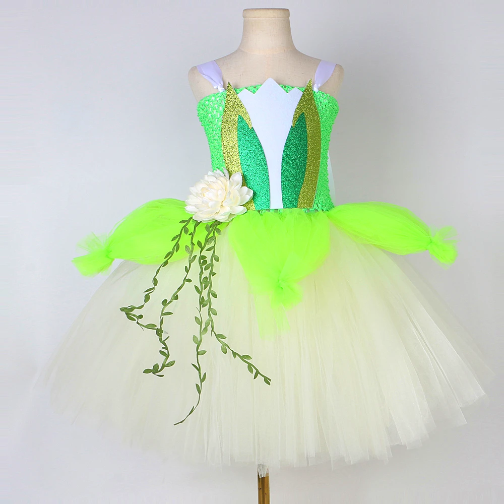 3 Layers Frog Princess Tiana Costumes for Girls Lotus Flower Fairy Tutu Dress with Wings Kids Christmas Halloween Fancy Outfits