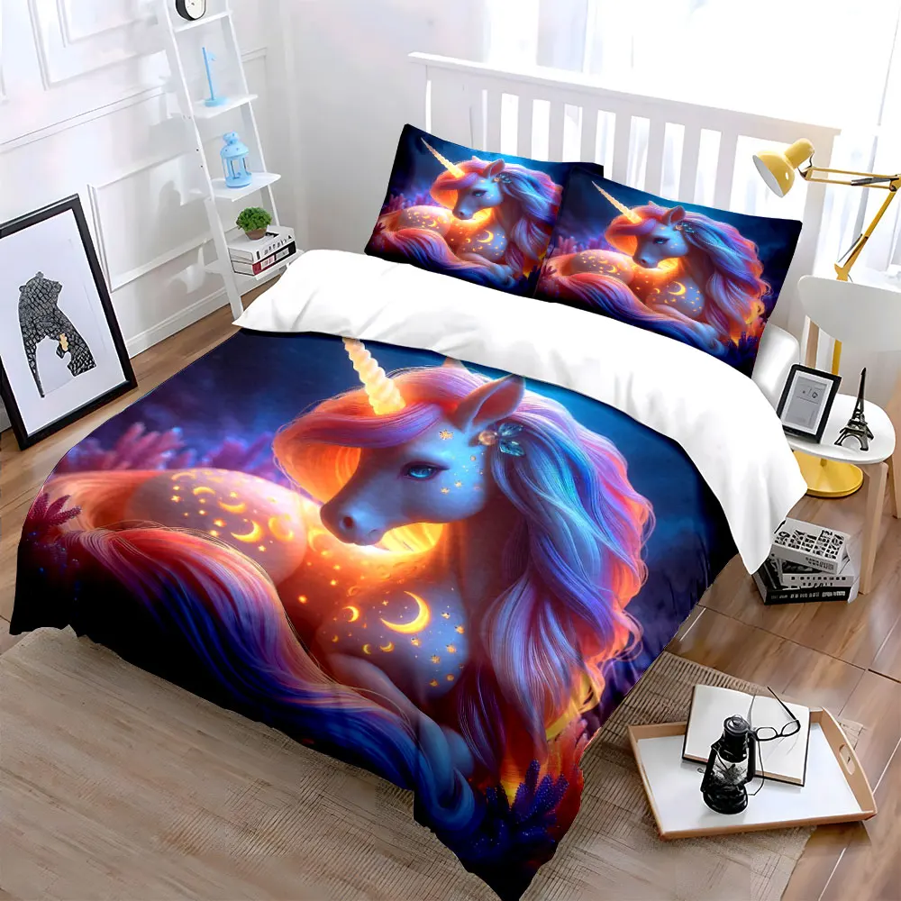 Dreamlike Unicorn with Stellar Glow Printed Duvet Cover Set1 Duvet Cover+2 PillowcaseMulti Size Bedroom Bedding Decor