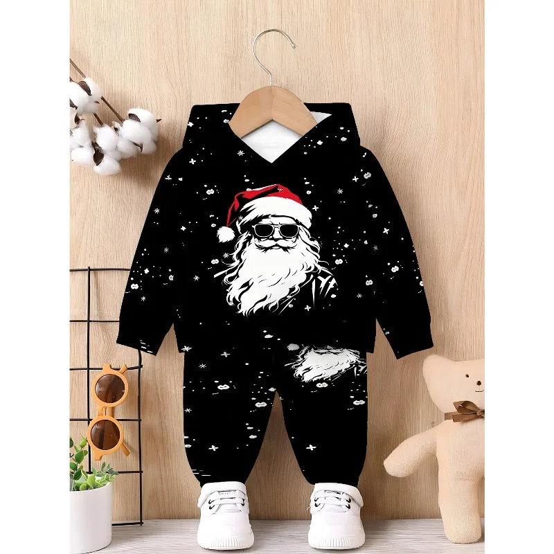 Unisex Toddler Hooded Jogger 2Pcs Tracksuit, Christmas Santa, Monogram GR Grid, Wink Heart Bear Print Kids Casual Outfit